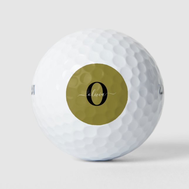 Personalised Monogram Script Name Black Gold White Golf Balls (Front)