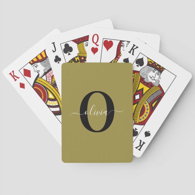 Personalised Monogram Script Name Black Gold White Playing Cards (Back)