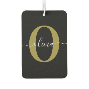 Personalised Monogram Script Name Black White Gold Car Air Freshener