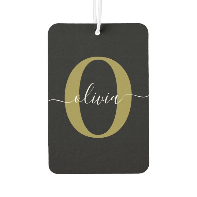 Personalised Monogram Script Name Black White Gold Car Air Freshener (Back)