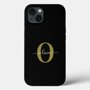 Personalised Monogram Script Name Black White Gold iPhone 13 Case