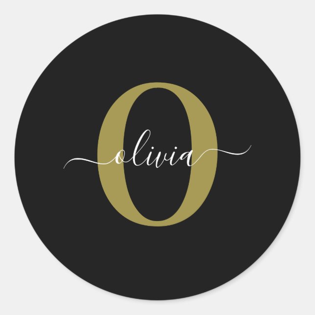 Personalised Monogram Script Name Black White Gold Classic Round Sticker (Front)