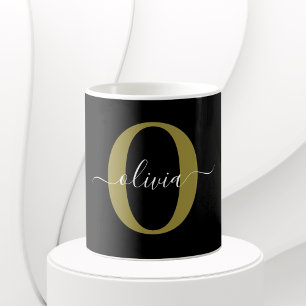 Personalised Monogram Script Name Black White Gold Coffee Mug