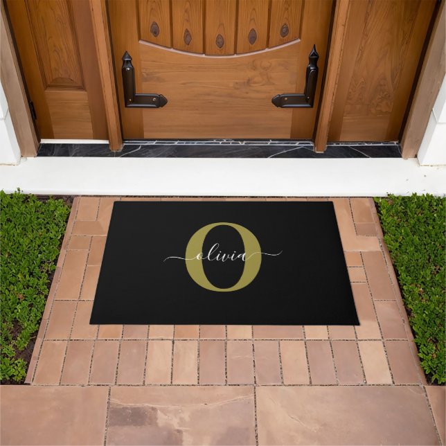 Personalised Monogram Script Name Black White Gold Doormat (Outdoor)