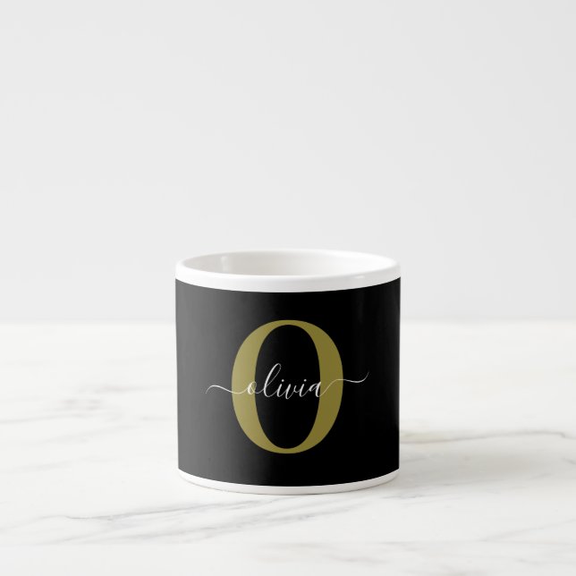 Personalised Monogram Script Name Black White Gold Espresso Cup (Front)