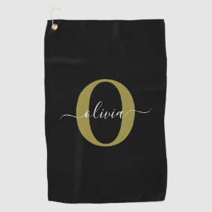 Personalised Monogram Script Name Black White Gold Golf Towel