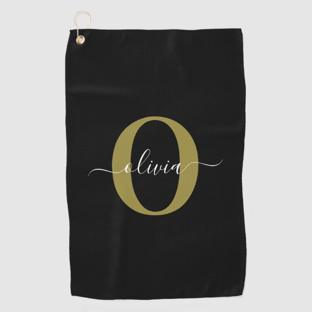 Personalised Monogram Script Name Black White Gold Golf Towel (Front)