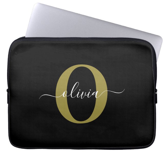 Personalised Monogram Script Name Black White Gold Laptop Sleeve (Front)