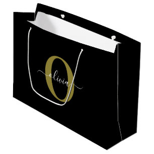 Personalised Monogram Script Name Black White Gold Large Gift Bag