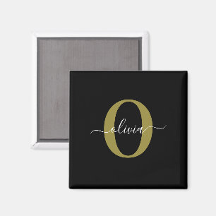Personalised Monogram Script Name Black White Gold Magnet