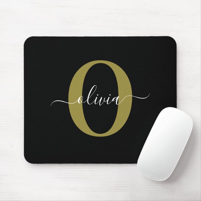 Personalised Monogram Script Name Black White Gold Mouse Pad (With Mouse)