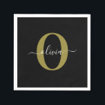 Personalised Monogram Script Name Black White Gold Napkin<br><div class="desc">This elegant monogram and stylish script name design can be given as a gift for a birthday, wedding, bridal shower, anniversary, Mother's Day or any occasion. It can be personalised with the person's initial and name. You can change the font, font colour, font size and background colour using the Design...</div>