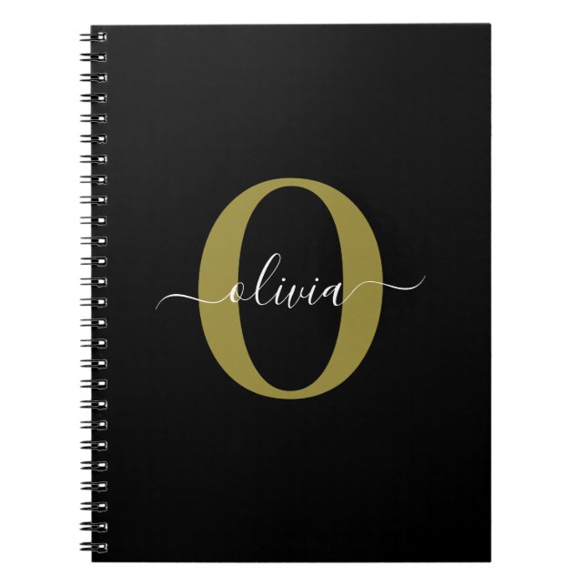 Personalised Monogram Script Name Black White Gold Notebook (Front)