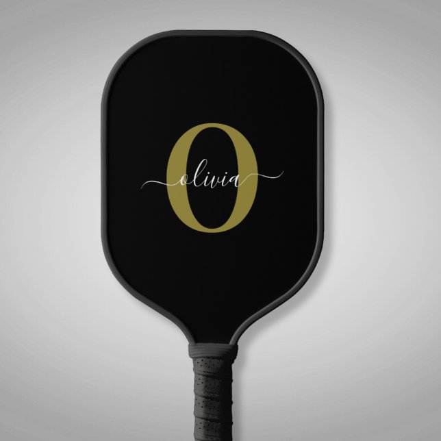 Personalised Monogram Script Name Black White Gold Pickleball Paddle (Creator Uploaded)