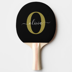 Personalised Monogram Script Name Black White Gold Ping Pong Paddle