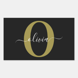 Personalised Monogram Script Name Black White Gold Rectangular Sticker