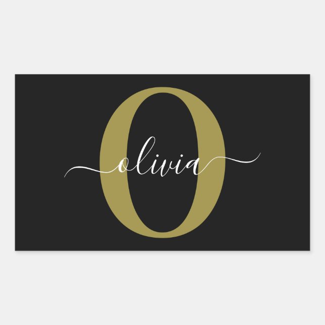 Personalised Monogram Script Name Black White Gold Rectangular Sticker (Front)