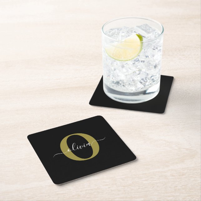 Personalised Monogram Script Name Black White Gold Square Paper Coaster (Insitu)