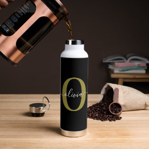 Personalised Monogram Script Name Black White Gold Water Bottle