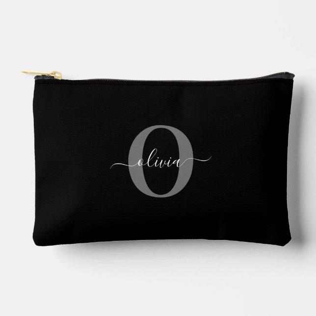 Personalised Monogram Script Name Black White Grey Accessory Pouch (Front)