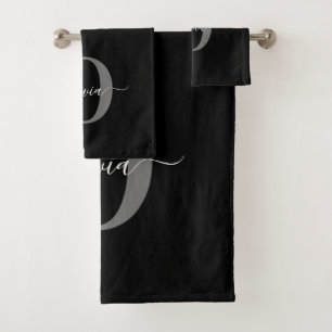 Personalised Monogram Script Name Black White Grey Bath Towel Set