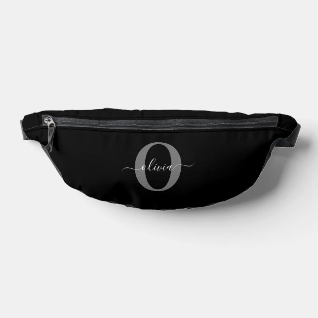 Personalised Monogram Script Name Black White Grey Bum Bags (Lay Down)