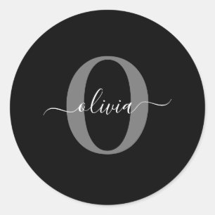 Personalised Monogram Script Name Black White Grey Classic Round Sticker