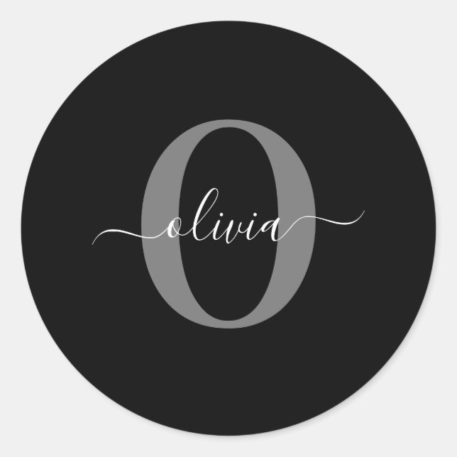 Personalised Monogram Script Name Black White Grey Classic Round Sticker (Front)
