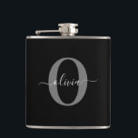 Personalised Monogram Script Name Black White Grey Hip Flask<br><div class="desc">This elegant monogram and stylish script name design can be given as a gift for a birthday, Mother's Day or any occasion. It can be personalised with the person's initial and name. You can change the font, font colour, font size and background colour using the Design Tool. The font size...</div>