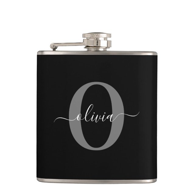 Personalised Monogram Script Name Black White Grey Hip Flask (Front)
