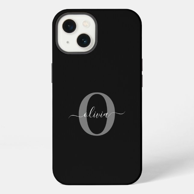 Personalised Monogram Script Name Black White Grey iPhone Case (Back)