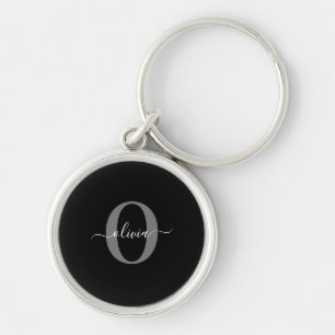 Personalised Monogram Script Name Black White Grey Key Ring