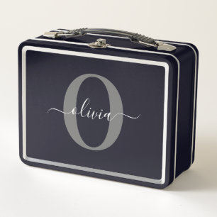 Personalised Monogram Script Name Black White Grey Metal Lunch Box