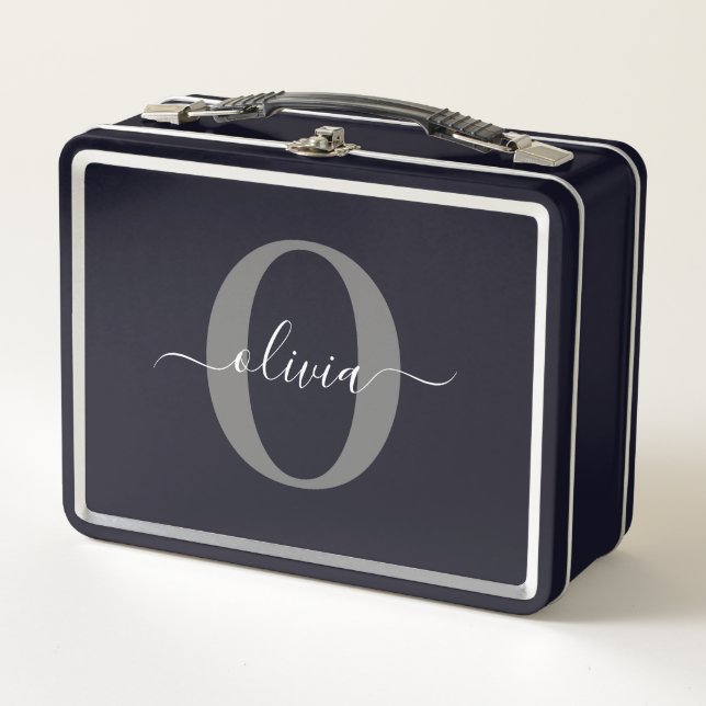 Personalised Monogram Script Name Black White Grey Metal Lunch Box (Front)