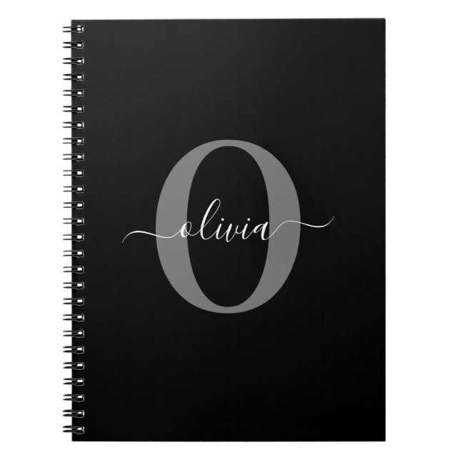 Personalised Monogram Script Name Black White Grey Notebook (Front)