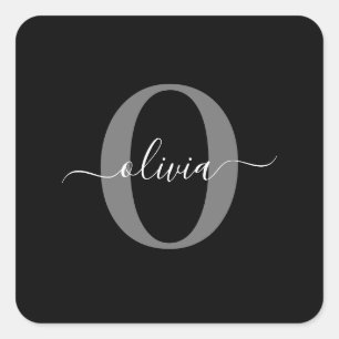 Personalised Monogram Script Name Black White Grey Square Sticker