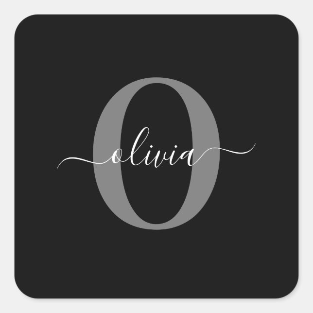 Personalised Monogram Script Name Black White Grey Square Sticker (Front)