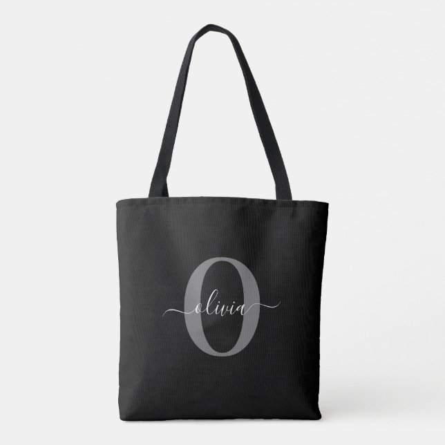 Personalised Monogram Script Name Black White Grey Tote Bag (Back)