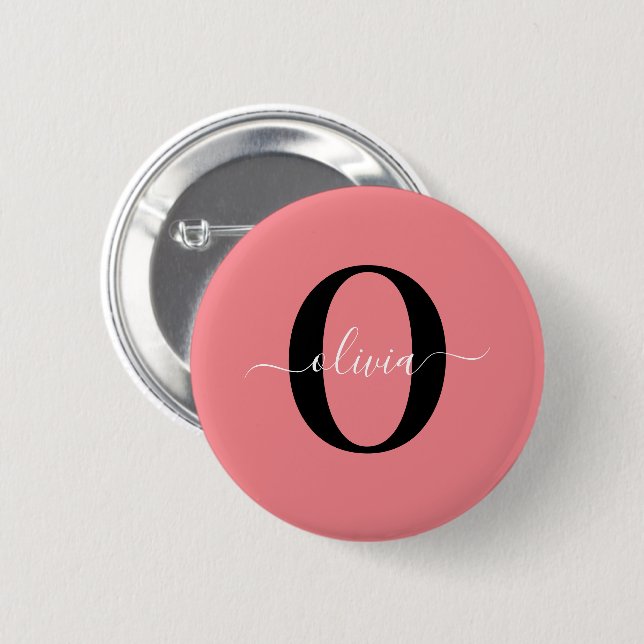 Personalised Monogram Script Name Black White Pink 6 Cm Round Badge (Front & Back)