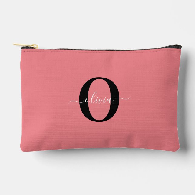Personalised Monogram Script Name Black White Pink Accessory Pouch (Front)