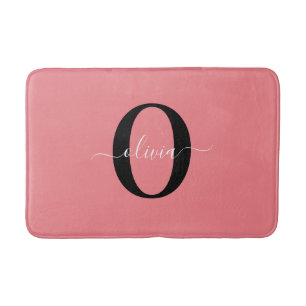 Personalised Monogram Script Name Black White Pink Bath Mat