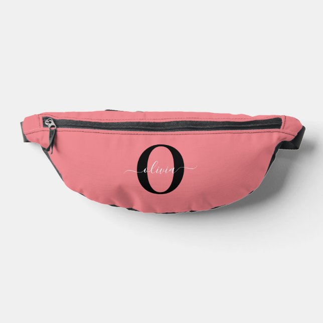 Personalised Monogram Script Name Black White Pink Bum Bags (Lay Down)