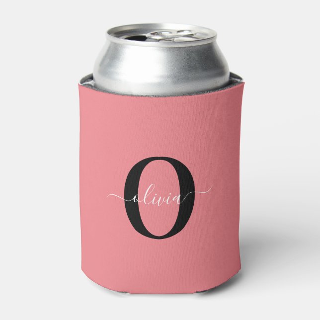 Personalised Monogram Script Name Black White Pink Can Cooler (Can Front)