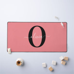 Personalised Monogram Script Name Black White Pink Desk Mat