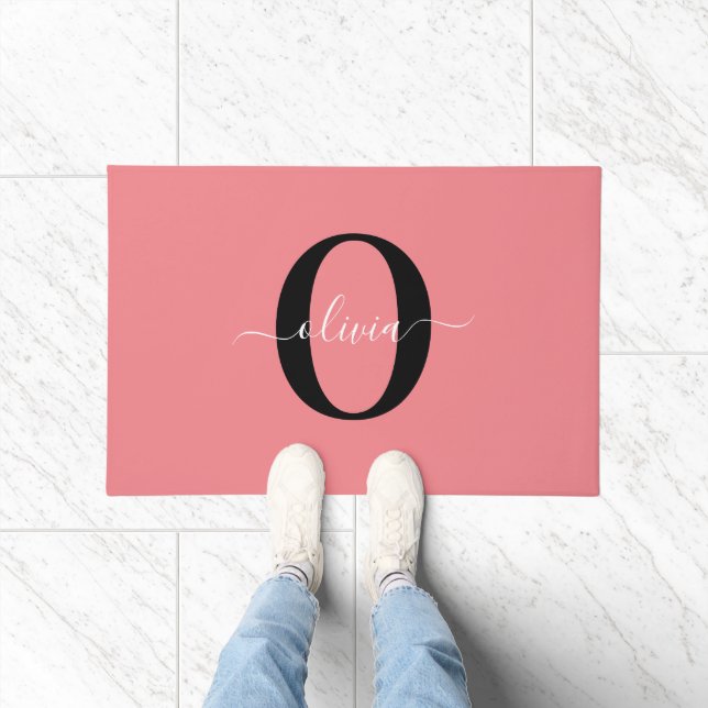 Personalised Monogram Script Name Black White Pink Doormat (Indoor)