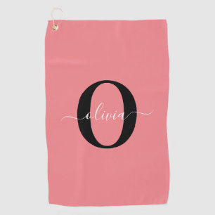 Personalised Monogram Script Name Black White Pink Golf Towel