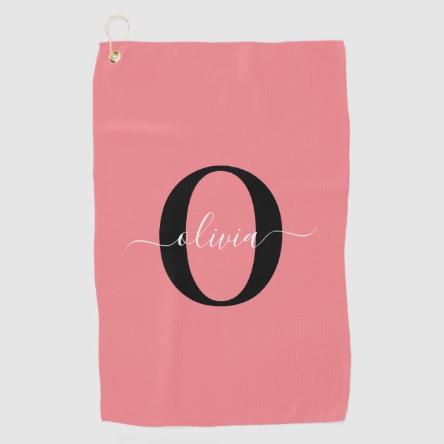 Personalised Monogram Script Name Black White Pink Golf Towel (Front)