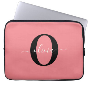 Personalised Monogram Script Name Black White Pink Laptop Sleeve