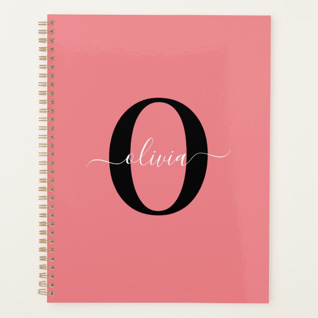 Personalised Monogram Script Name Black White Pink Planner (Front)