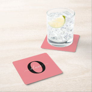 Personalised Monogram Script Name Black White Pink Square Paper Coaster